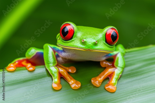 A vibrant red-eyed tree frog (Agalychnis callidryas) clinging to a large tropical leaf, its bright red eyes and colorful body standing out against the lush green background photo