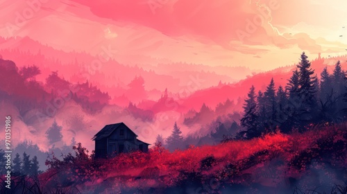 A serene landscape featuring a solitary house amidst vibrant red foliage and misty mountains at sunset.