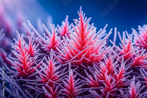 Close-up of an ice crystal formation with embedded neon lights