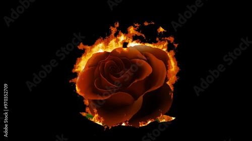Burning Dark Red Rose. Fire Effect Animation on Transparent Background Isolated 4K Video. Visual Effects and Motion Graphics Element.