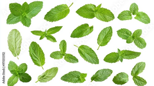 Fresh Green Mint Leaves Isolated on White Background