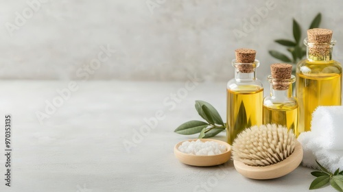 A beautifully styled display of bath oils, salts, and a natural bristle brush, bath oils, salts, bristle brush