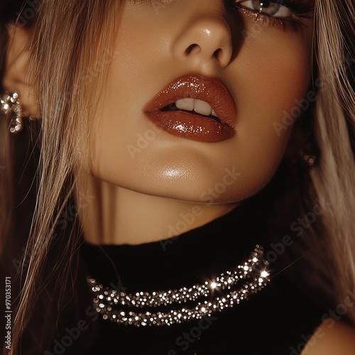 Close up on woman's lips. With diamonds jewelry.Close up on woman's lips. With diamonds jewelry.