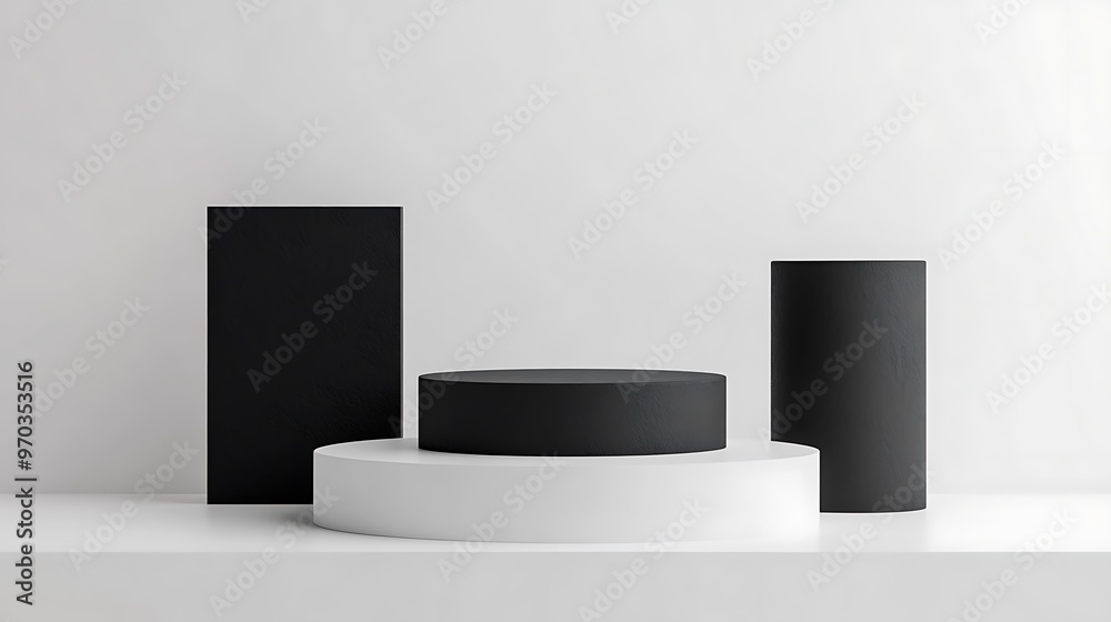 A white platform with three black cylindrical shapes on a white background. A white platform with three black cylindrical shapes on a white background.