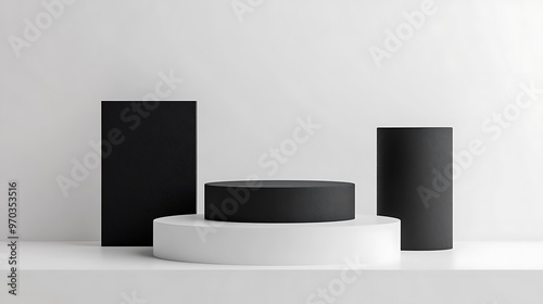 Wallpaper Mural A white platform with three black cylindrical shapes on a white background. Torontodigital.ca