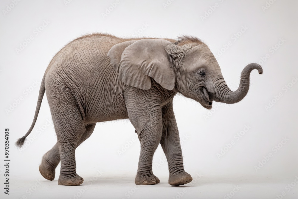 Fototapeta premium Baby elephant walking white background facing towards right Ador