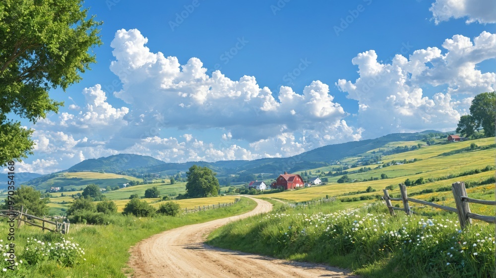 Fototapeta premium Beautiful landscape rural area sky blue white fluffy An idyllic