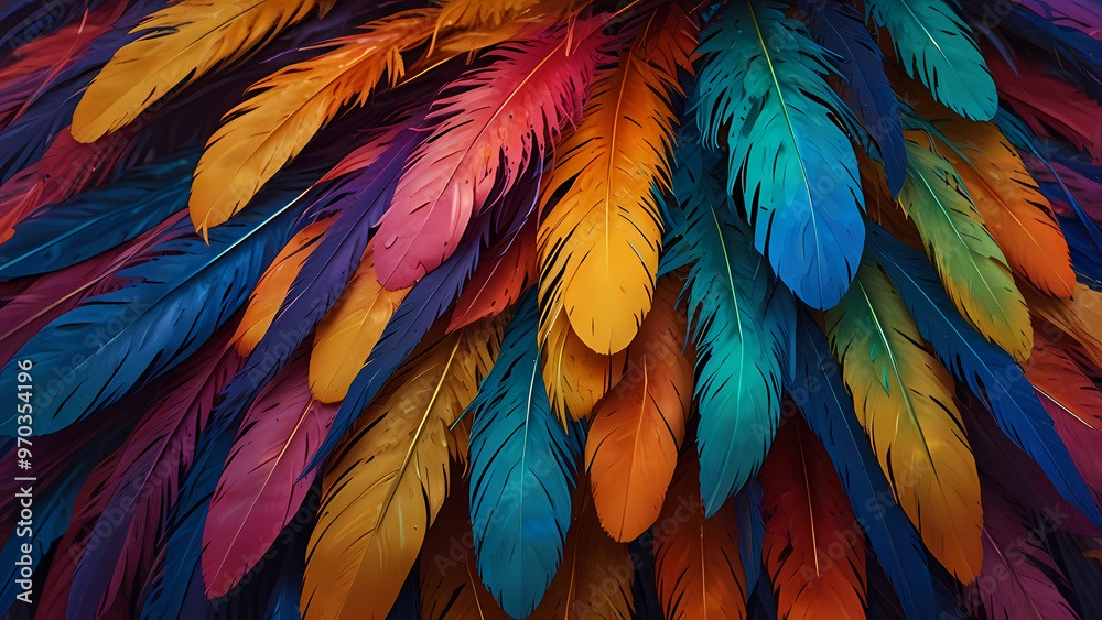 Obraz premium Abstract composition of vibrant, colorful feathers arranged in a circular motion