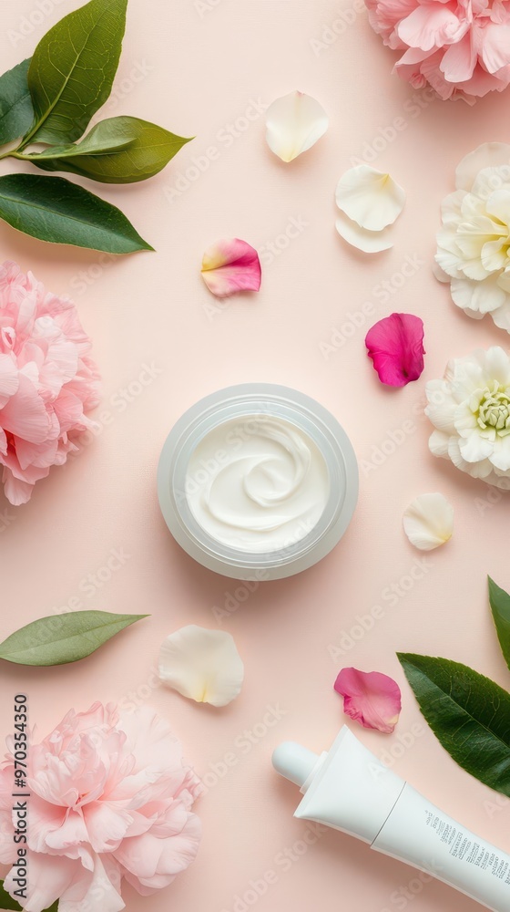 A top-down view of a luxurious skincare ritual with creams, serums, and fresh petals, skincare ritual, creams, serums A top-down view of a luxurious skincare ritual with creams, serums, and fresh petals, skincare ritual, creams, serums