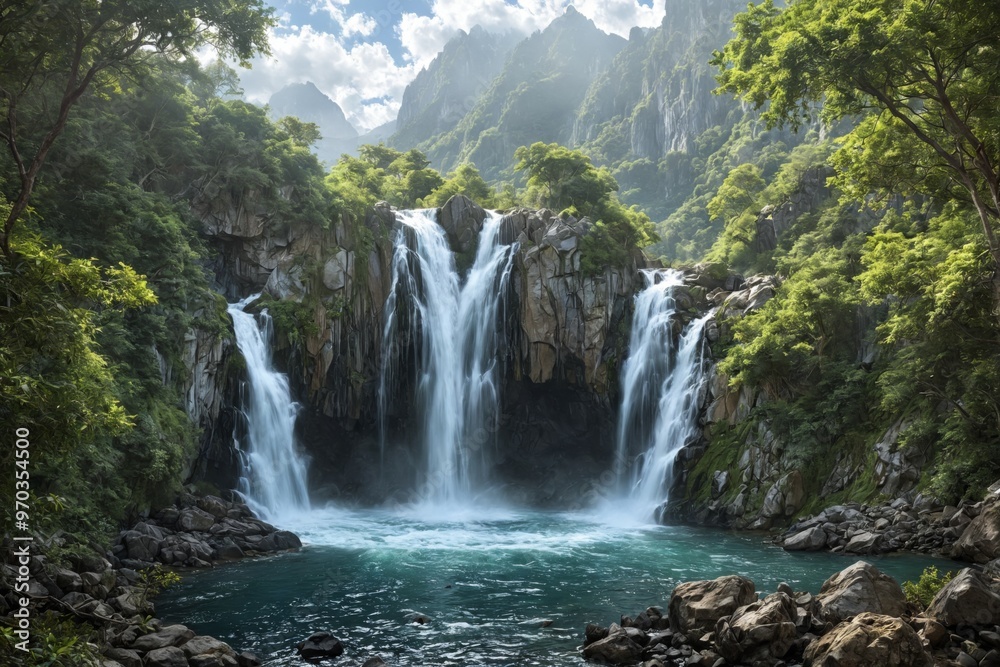 Naklejka premium Beautiful landscape waterfall mountainous area cascading down ro