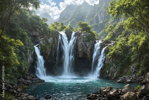Beautiful landscape waterfall mountainous area cascading down ro