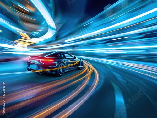 A sleek car speeds through a vibrant, illuminated cityscape, showcasing motion and energy in a nighttime setting.