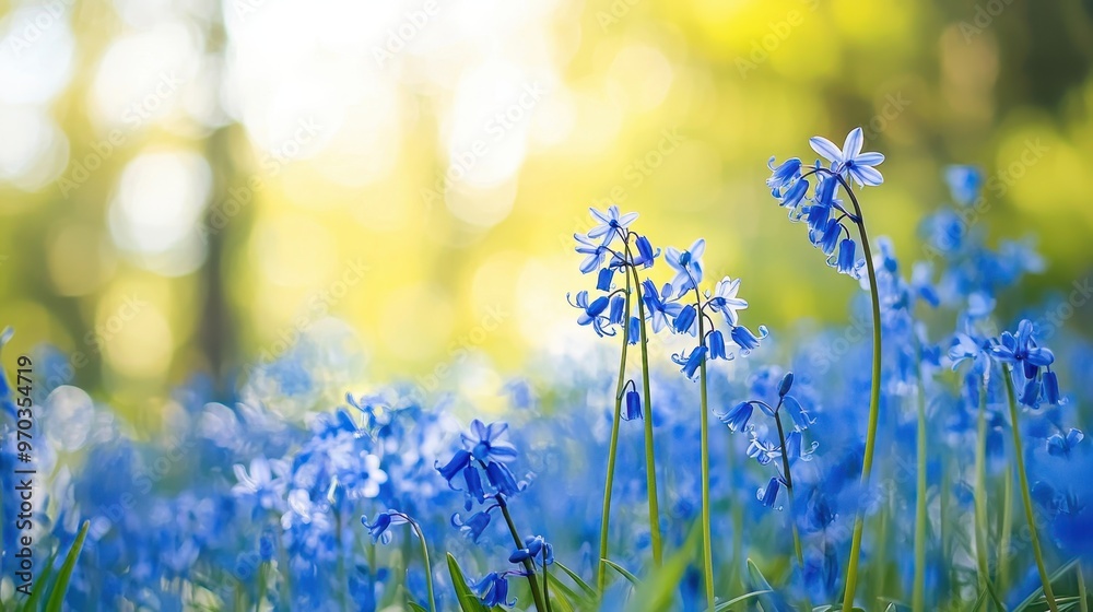 Fototapeta premium Bluebells in Sunlight Spring Flowers Woodland Bloom Nature Background