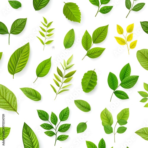 Seamless pattern with various natural and fresh green leaves on white background