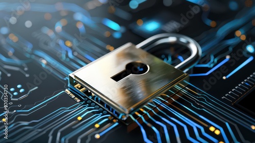 A digital padlock on a circuit board, symbolizing cybersecurity and data protection.