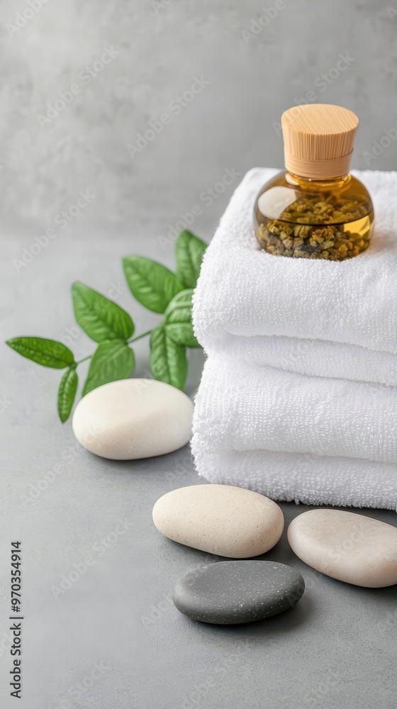 A calming setup of spa towels, massage stones, and herbal infusions, spa towels, massage stones, herbal A calming setup of spa towels, massage stones, and herbal infusions, spa towels, massage stones, herbal