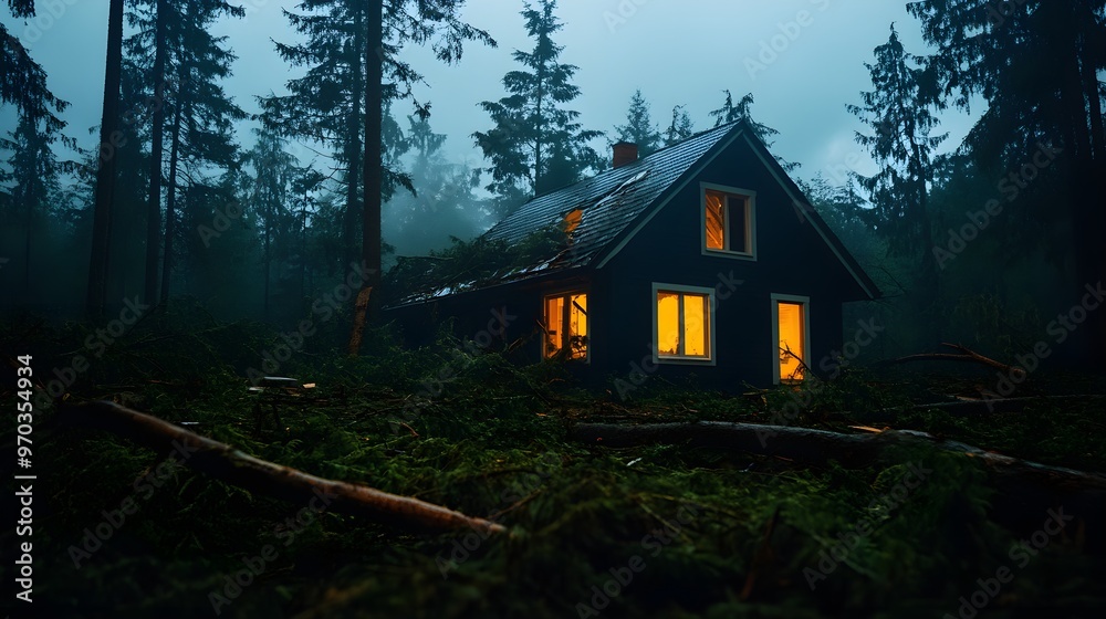Post-storm house with fallen trees, shattered windows, and visible roof damage, somber lighting, and a desolate environment Post-storm house with fallen trees, shattered windows, and visible roof damage, somber lighting, and a desolate environment
