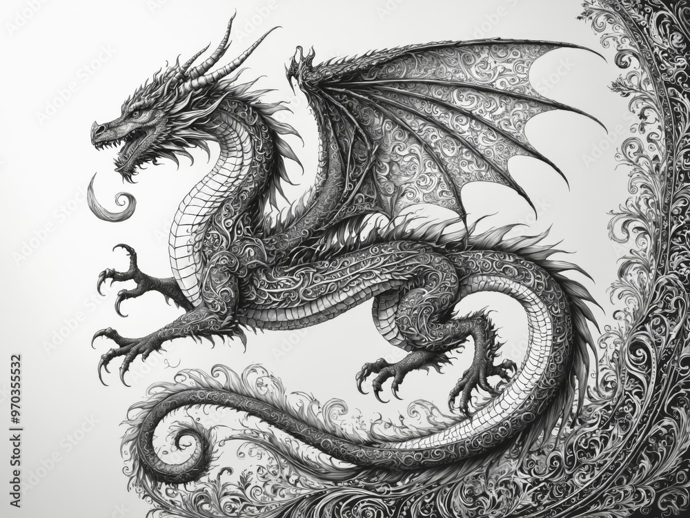 Obraz premium Black white illustration dragon dragon side view its fierce drag