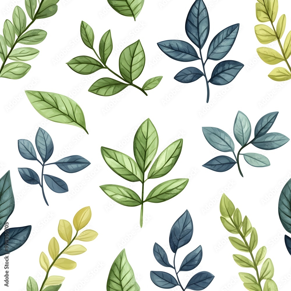 Seamless pattern with vibrant and varied natural leaves on clean white background Seamless pattern with vibrant and varied natural leaves on clean white background