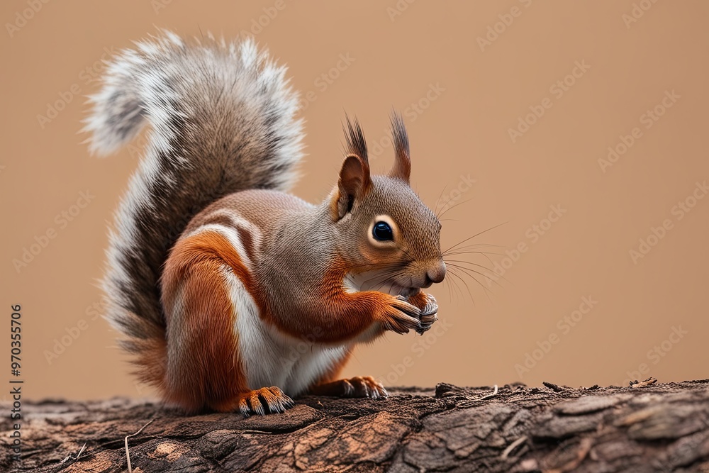 Obraz premium Red Squirrel Relaxing on Beige Nature Background