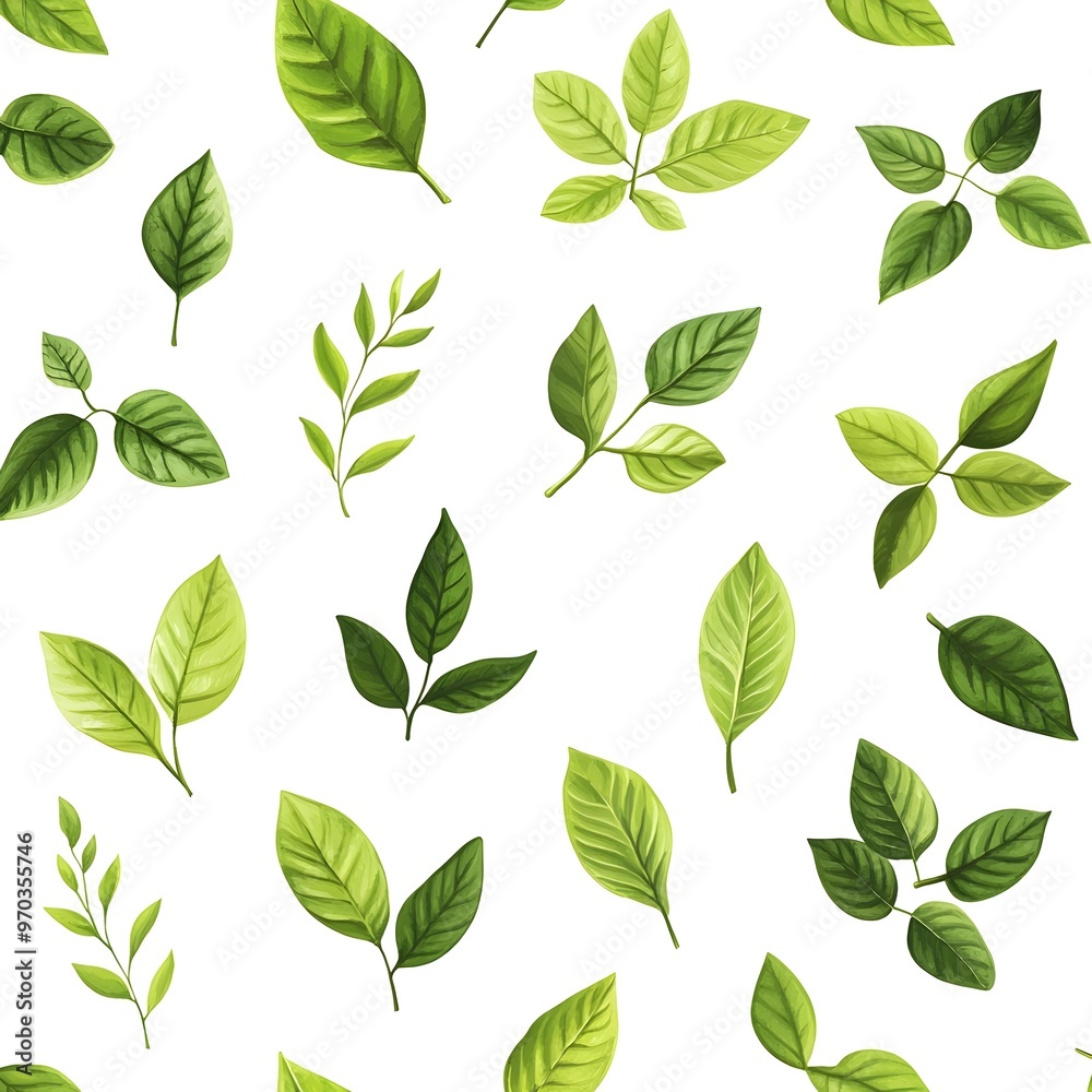 Seamless pattern of fresh and natural green leaves on clean white background Seamless pattern of fresh and natural green leaves on clean white background