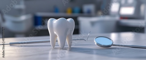 Dental Health: A Porcelain Tooth and Dentist Tools