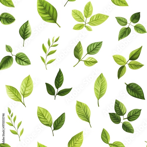 Seamless pattern of fresh and natural green leaves on clean white background