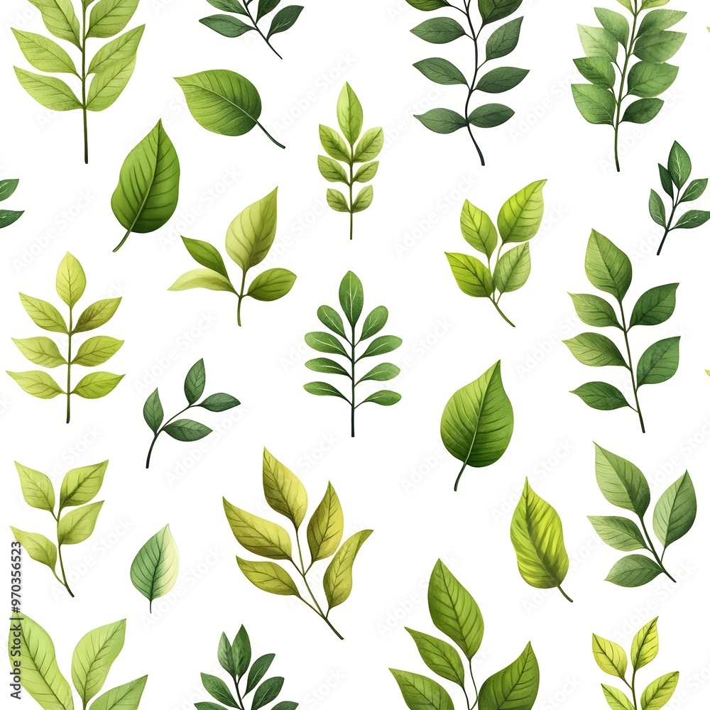 Elegant Seamless Pattern with Various Fresh and Natural Leaves on Clean White Background Elegant Seamless Pattern with Various Fresh and Natural Leaves on Clean White Background