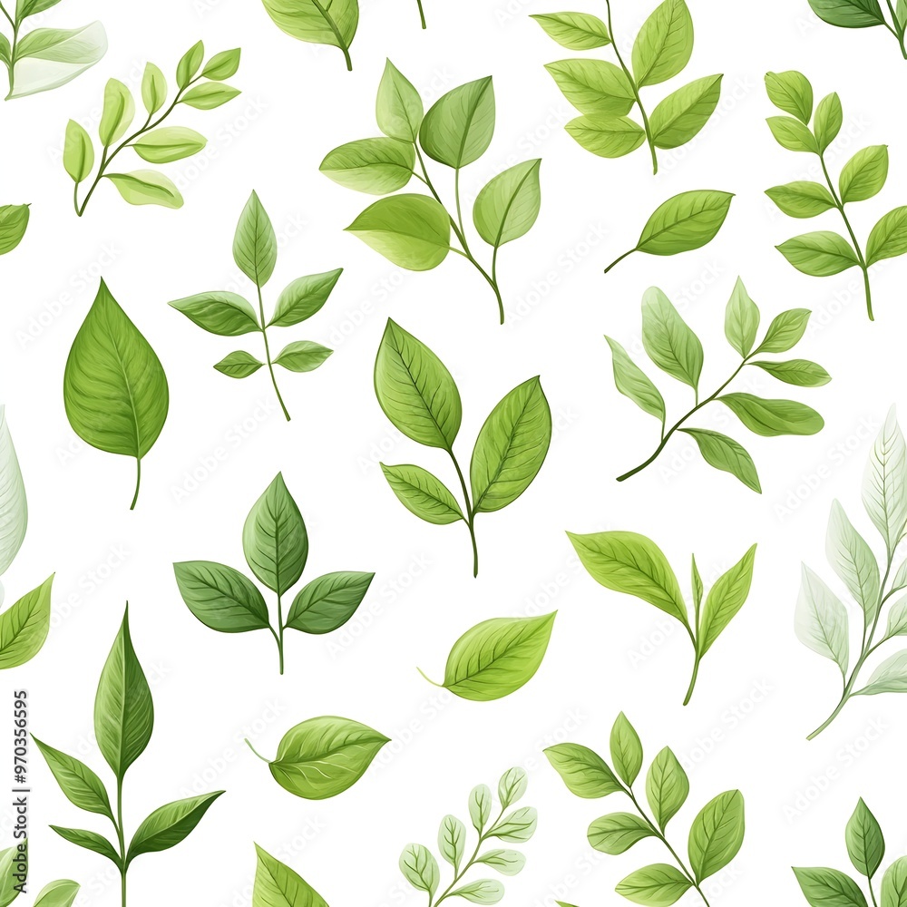 Seamless Pattern of Natural and Fresh Various Leaves on White Background Seamless Pattern of Natural and Fresh Various Leaves on White Background