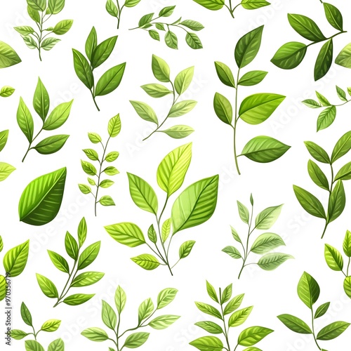 Seamless pattern with various natural and fresh green leaves on white background
