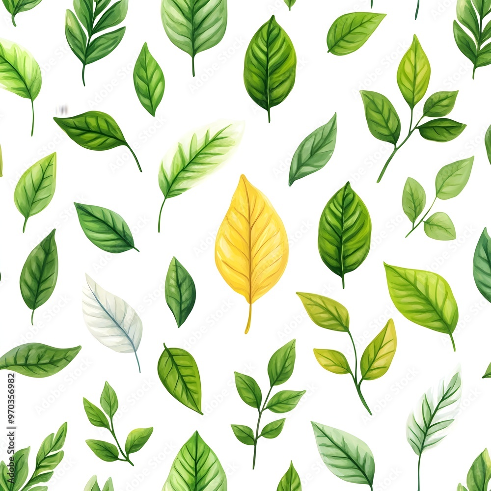 Seamless Pattern of Natural and Fresh Green Leaves on White Background Seamless Pattern of Natural and Fresh Green Leaves on White Background