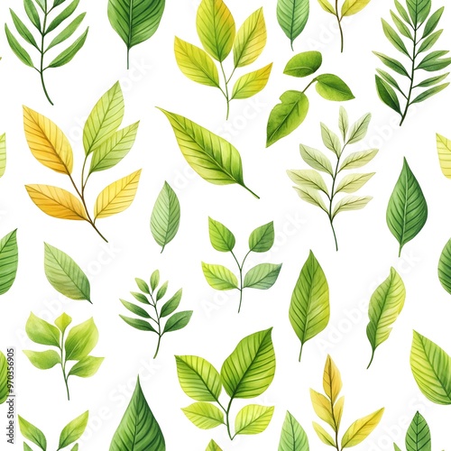 Seamless pattern with natural and fresh various leaves on white background