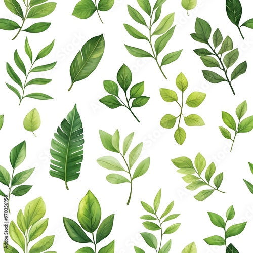 Seamless Natural Fresh Green Leafy Pattern on White Background