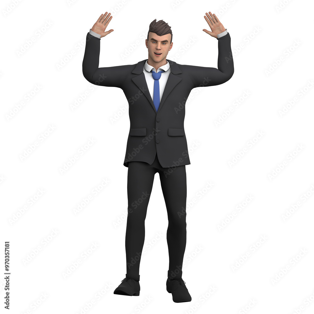 Legal Male Lawyer. A male lawyer stands with both hands raised up parallel to his shoulders and his palms open. 3D Professional Character Legal Male Lawyer. A male lawyer stands with both hands raised up parallel to his shoulders and his palms open. 3D Professional Character