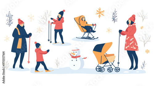 Set of various people having fun at winter. Flat vector illustrations of family making snowman, woman skiing, standing with pram. Winter leisure concept for banner,