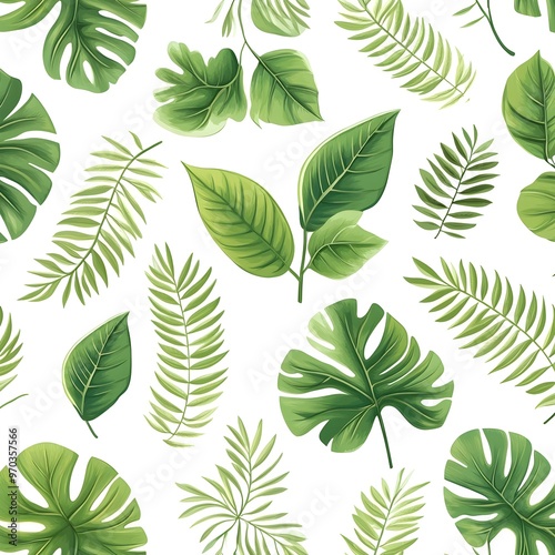 Vibrant Botanical Seamless Pattern with Various Tropical Leaves on White Background