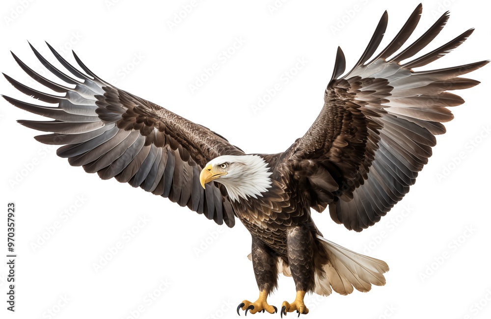 Obraz premium an isolated bald eagle (Haliaeetus leucocephalus) , flying in motion and in landing position, wildlife, Wildlife-themed, photorealistic illustration on a transparent background PNG. generative ai