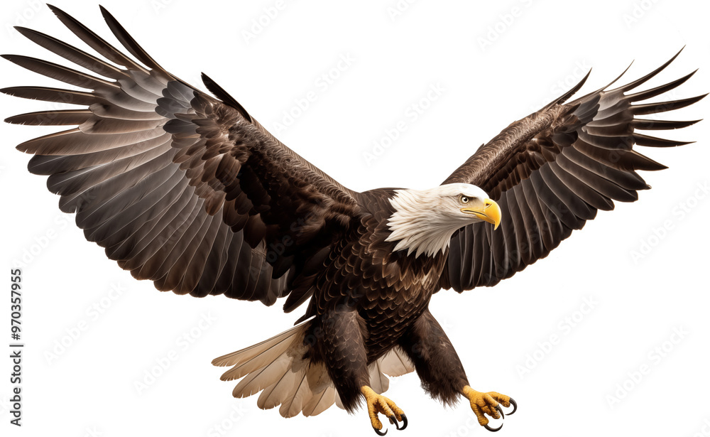 Obraz premium an isolated bald eagle (Haliaeetus leucocephalus) , flying in motion and in landing position, wildlife, Wildlife-themed, photorealistic illustration on a transparent background PNG. generative ai