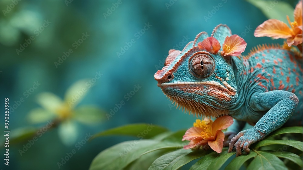 Obraz premium Close-up chameleon sitting green leaf lizard facing towards Cham