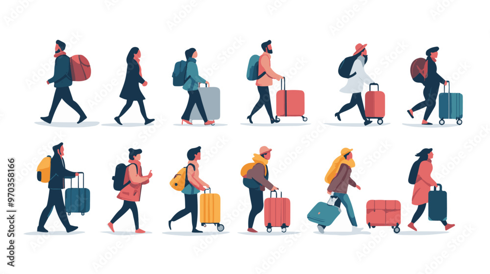 Set of travelers walking with luggage. Flat vector illustrations of families carrying travel cases.