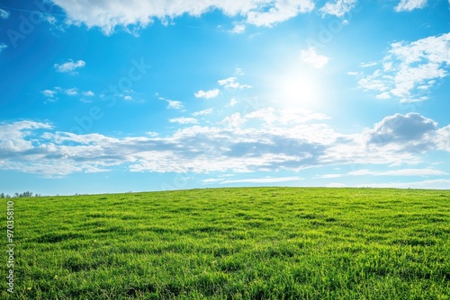 Green Land, Blue Sky, Summer Sunny Day Background, Wide View Of Lawn Hill and Blue Sky , ai