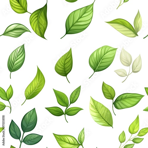 Harmonious Seamless Pattern of Various Fresh and Lush Natural Green Leaves on White Background