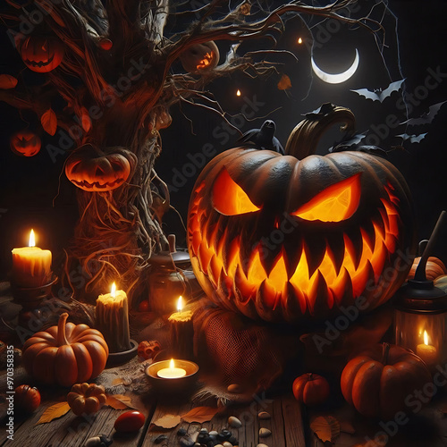 Halloween background with pumpkins and full moon. Vector illustration. photo