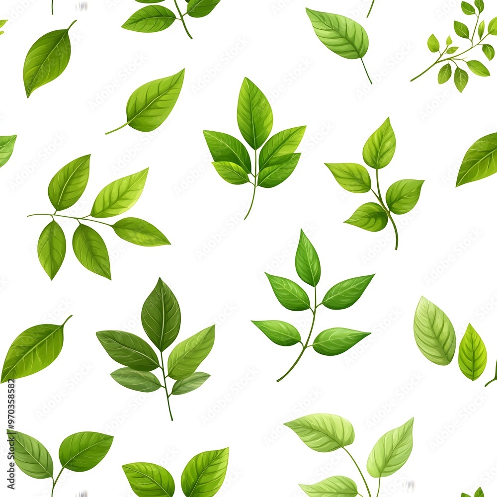 Seamless Pattern of Natural Fresh Green Leaves on White Background Seamless Pattern of Natural Fresh Green Leaves on White Background
