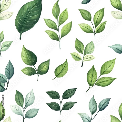 Seamless pattern with fresh and natural various leaves on a clean white background