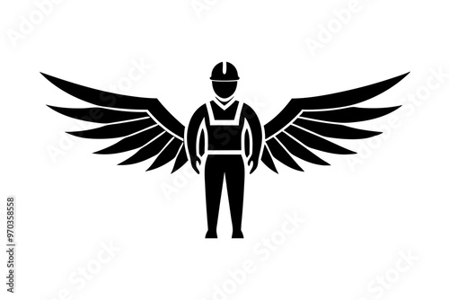 construction worker angel icon logo. line art. silhouette black color, vector illustration photo