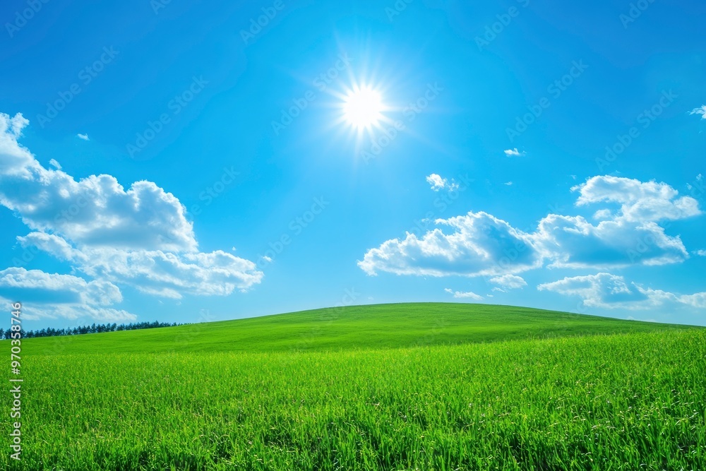 Green Land, Blue Sky, Summer Sunny Day Background, Wide View Of Lawn Hill and Blue Sky , ai Green Land, Blue Sky, Summer Sunny Day Background, Wide View Of Lawn Hill and Blue Sky , ai