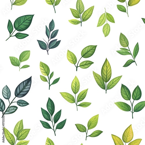 Seamless Pattern with Fresh Lush Botanical Leaves on White Background