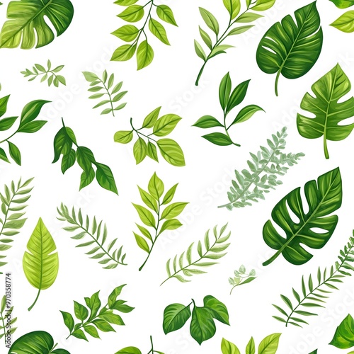 Seamless Botanical Pattern with Fresh Natural Leaves on White Background
