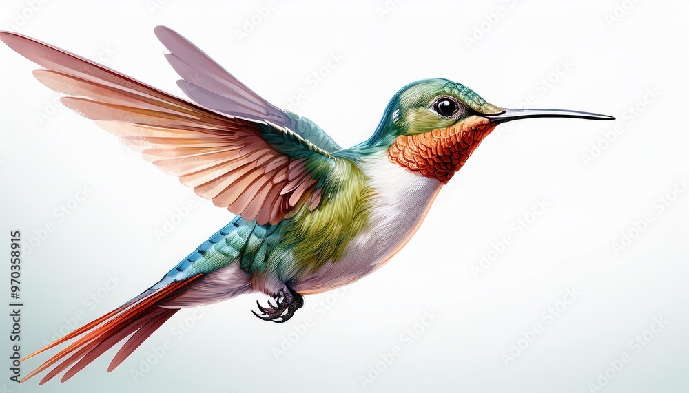 Obraz premium Vibrant hummingbird in flight on a bright white background